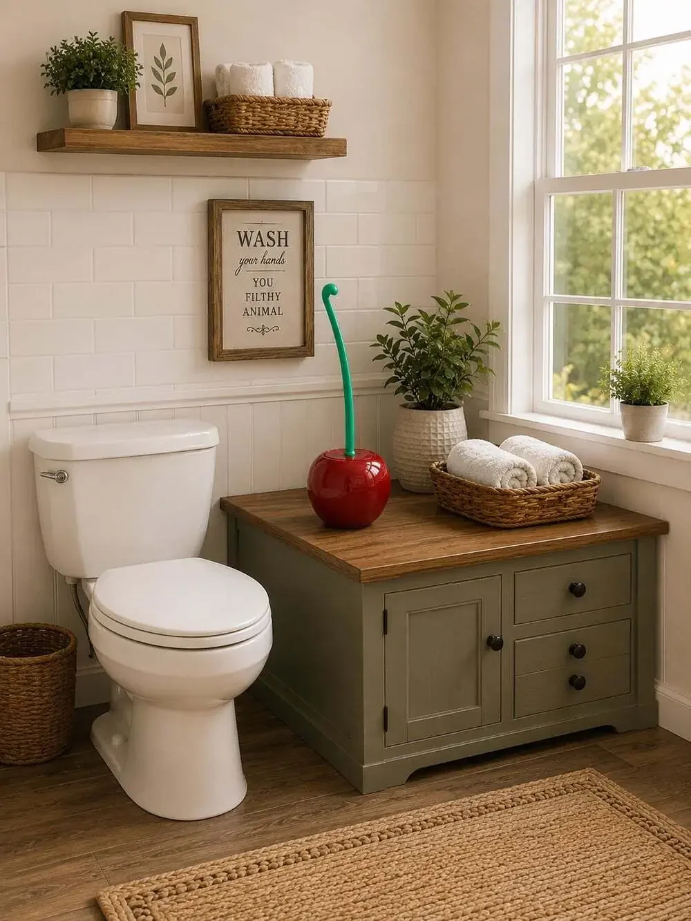New Funny Red Cherry W/ Stem Fruit Toilet Bowl Brush & Holder Set Bathroom